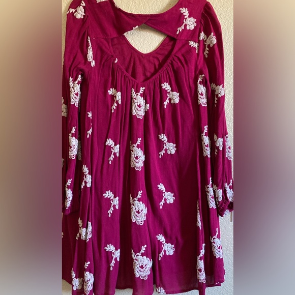 🎉Free People Austin Emma Maroon Embroidered Floral Long Sleeve Dress A180 - Picture 7 of 8